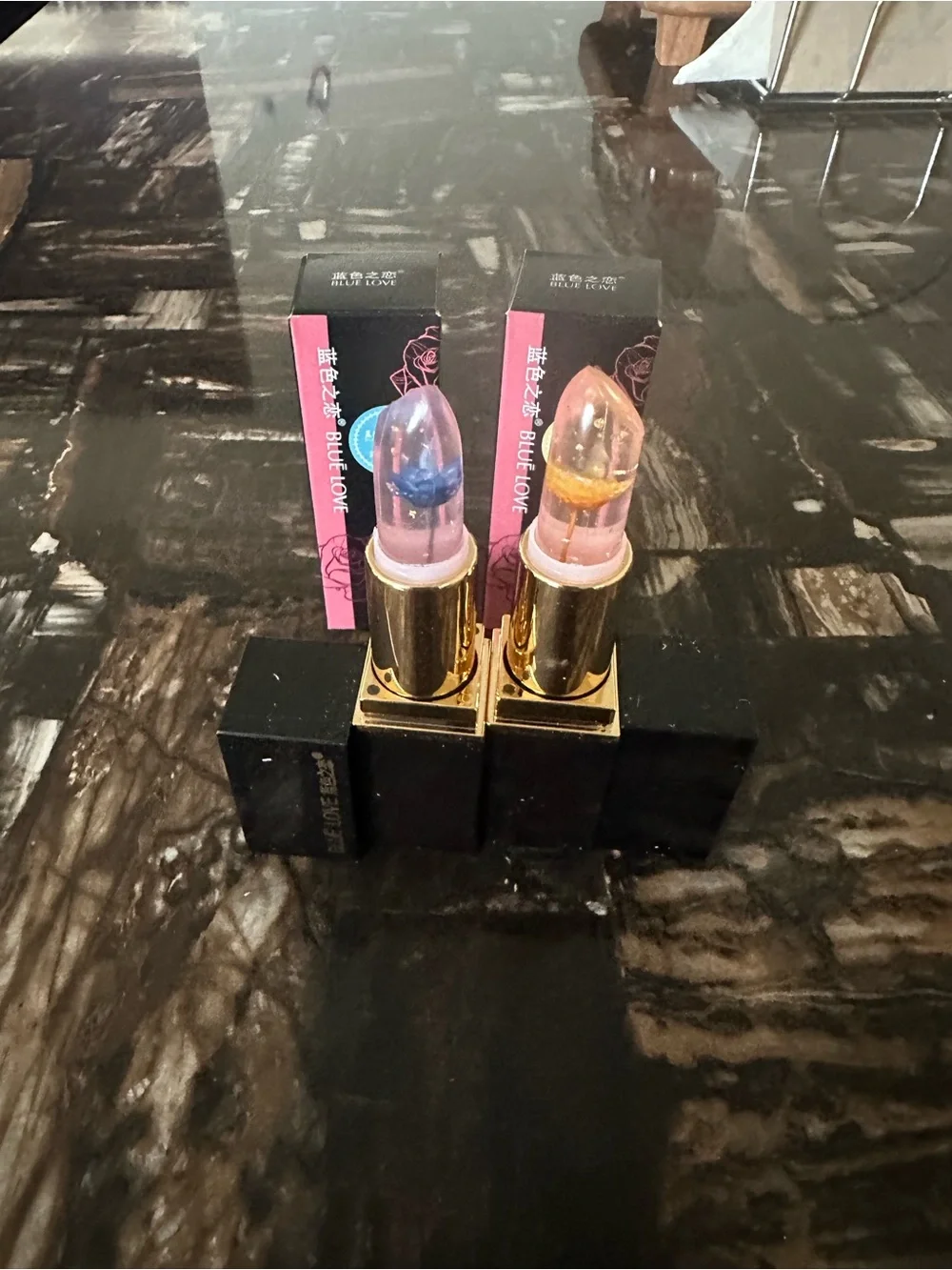 Floral Jelly Lipstick — Pink Tint with Blue & Gold Flower Accents